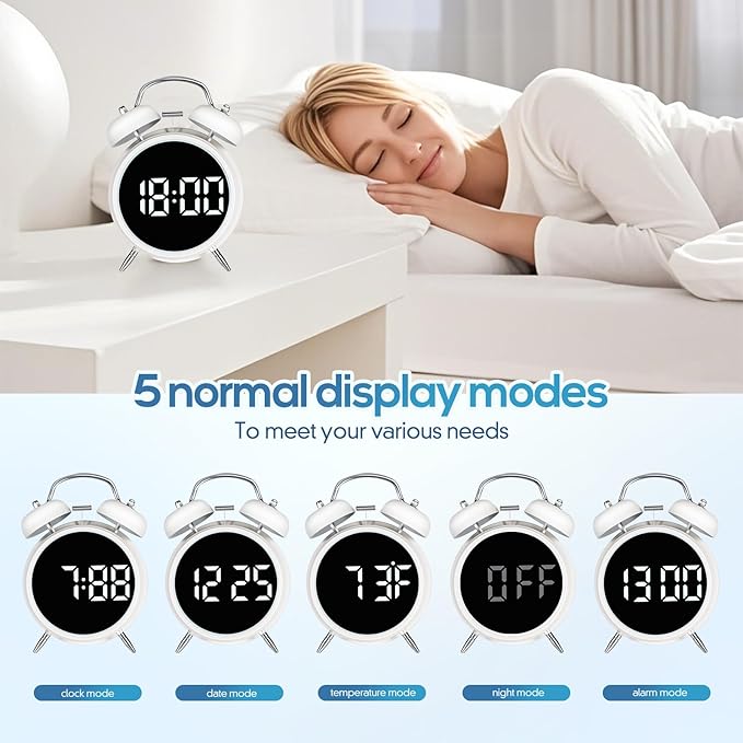 Extra Loud Alarm Clock for Heavy Sleepers Adults, Teens,Kids,Cute Retro Metal,Old Fashioned with Twin Bells,Battery Operated or Plug in,Small Digital Desk Clock