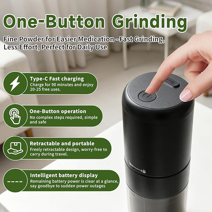 Cordless Electric Pill Crusher Grinder Pulverizer，Suitable for Children, the Elderly and Pets to Grind Pills，Multiple Small/Large Pills, Vitamins，Removable Grinding Cup for Easy Cleaning