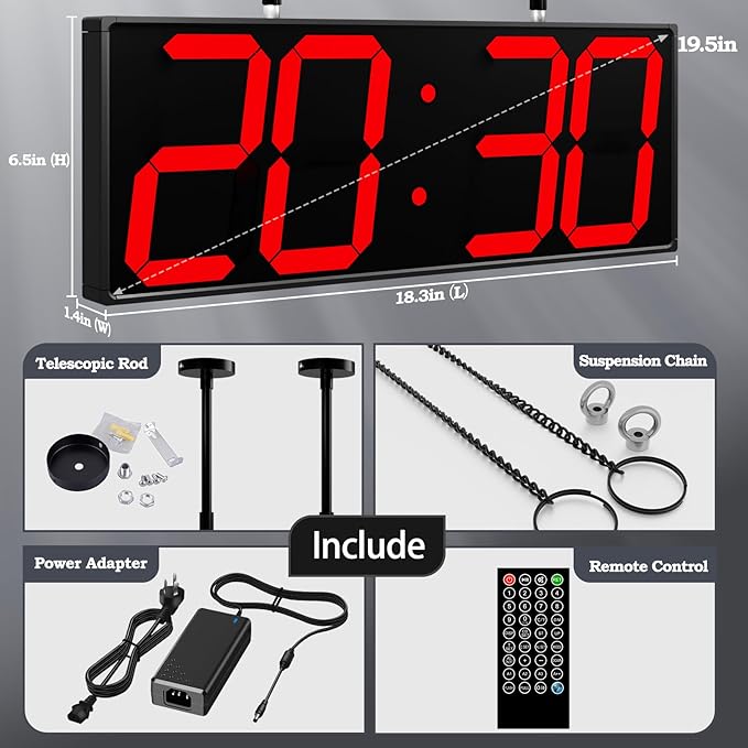 CHKOSDA 19.5'' Large Digital Wall Clock with Double Sided Display,Multi-Functional LED Hanging Digital Clock with Adjustable Brightness,Suitable for Offices, Warehouses, Corridors (Red)