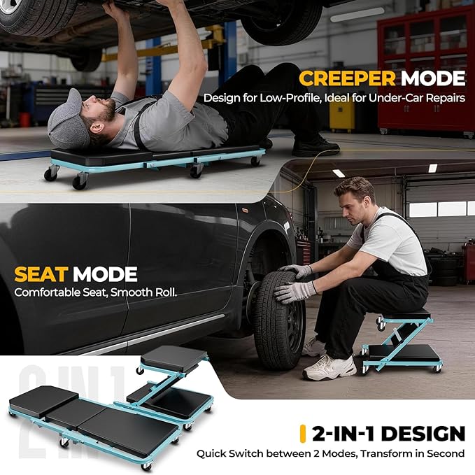 Auto Dynasty 36" Z-Creeper Seat, 2-in-1 Foldable Garage Creeper Shop Seat, 330 LBS Capacity Automotive Mechanic Repair Under Car Rolling Creeper Seat, Sky Blue