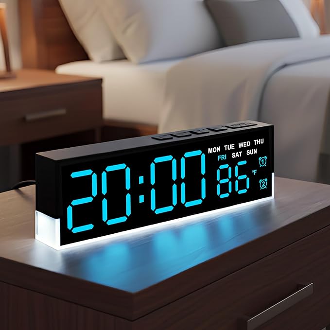 JENLYSTIME 7 Inch LED Digital Alarm Clock with Dual Alarms & Bottom Glow｜Displays Time, Date, Day, Temperature｜3-Level Auto/Manual Brightness, DST, USB or Battery Powered Modern Desk Clock (Blue)