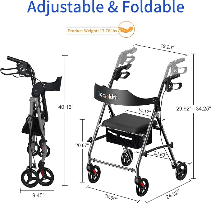 Rollator Walkers for Seniors with Seat, Foldable & One-Hand Carry, Upgraded Rolling Walker with Seat for Seniors, Handles Height Adjustable Rolling Walker for Seniors, Walking & Seated Rest, Grey