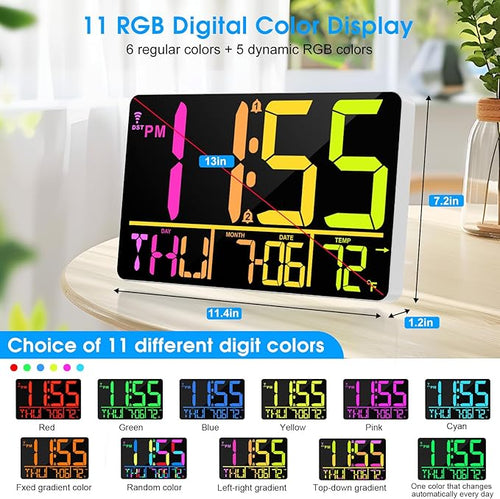 13" Bluetooth Auto Sync Wall Clock- Large Digital Alarm Clock with Remote, RGB Color Changing, 25 Ringtones, Adjustable Brightness, Auto DST, for Living Room, Kitchen, Office, Elderly