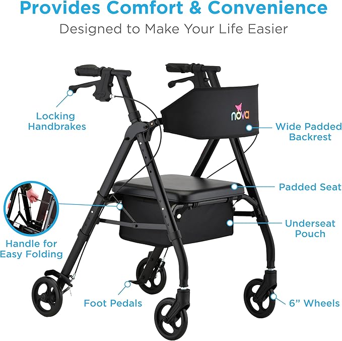 NOVA Star 6 Foldable Rollator Walker for Seniors, Wide Padded Backrest with Seat, 6” All-Terrain Wheels, Easy-Grip Locking Hand Brakes, Height Adjustable, Black