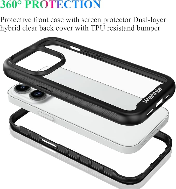 wahhle Compatible with iPhone 14 Pro Case, Full-Body Protection Phone Cover with Screen Protector Built-in, Touch Sensitive, Anti Scratch Shockproof TPU Bumper Case for 14 Pro 6.1 Inches-Black/Clear