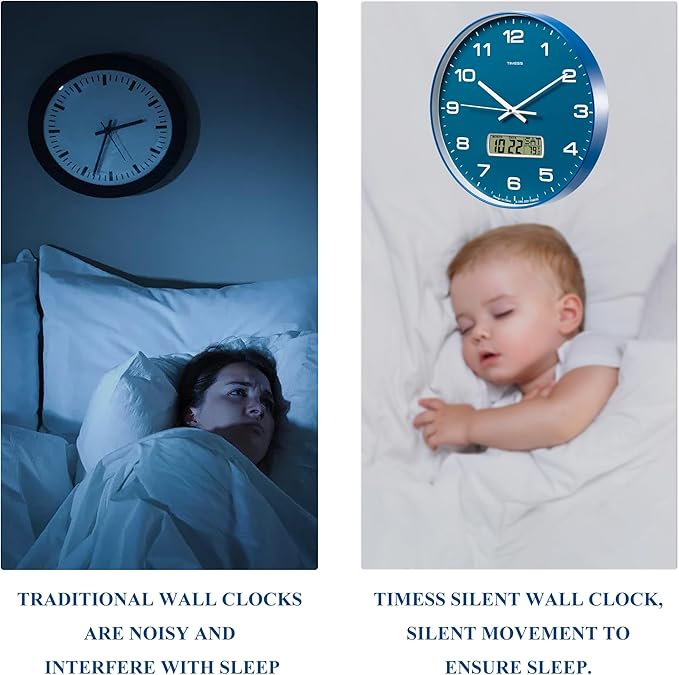 TIMESS Wall Clock, 14" Large Dial Non-Ticking Silent Battery Operated Analog with LCD Display for Perpetual Calendar and F° Temperature, Ideal Modern Home, Bedroom, Kitchen, Office Decor (Blue)