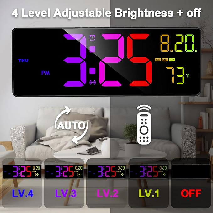 XREXS 16.3" Bluetooth Large Digital Wall Clock with Remote Control, Auto Time Sync, 6 Color Night Lights Adjustable Dimmer 10 RGB Color Changing Large Display for Home, Gym, Office and Classroom