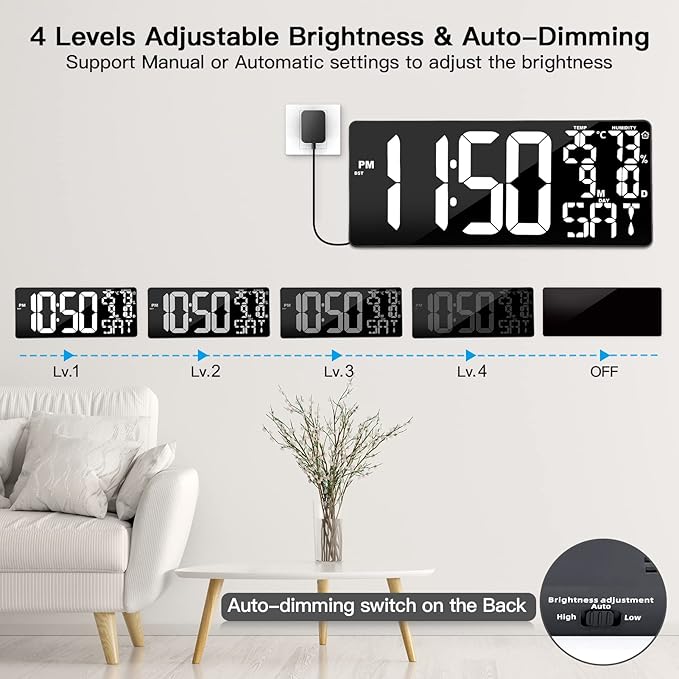 18 Inch Oversized Digital Wall Clock with Remote Control, Auto-Dimming, Temperature, Date/Day of Week, Large Display, Multi-Functional, White