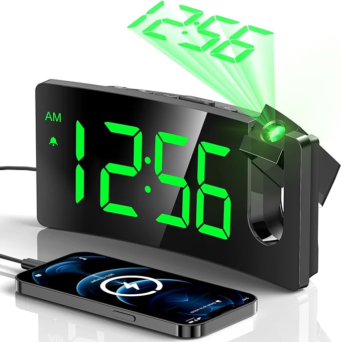 GOLOZA Projection Alarm Clock, Digital Clock with 180° Rotatable Projector, 3-Level Brightness Dimmer, Clear LED Display, Progressive Volume, 9mins Snooze, Digital Alarm Clock for Bedroom
