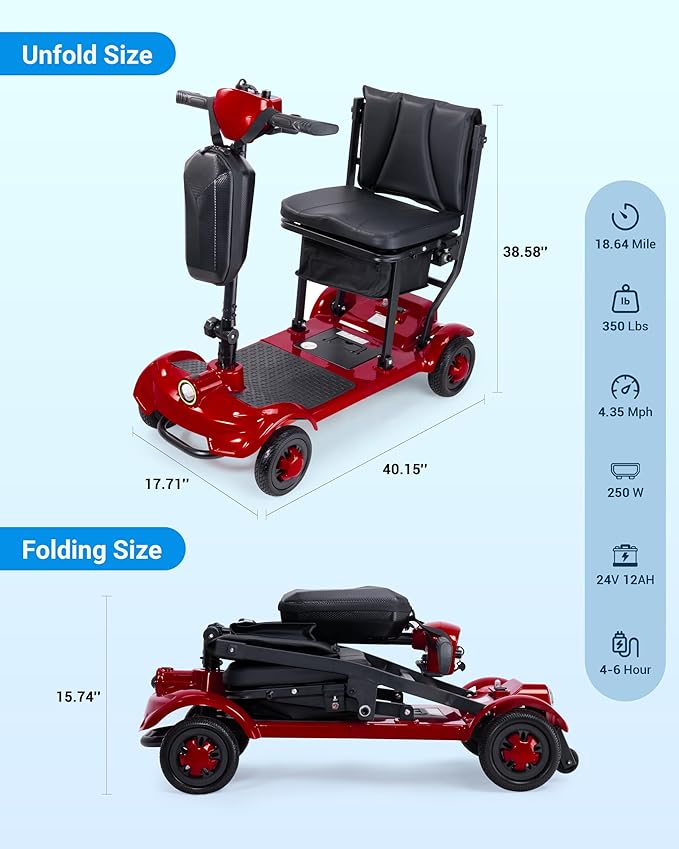 GoldSeason Airline & Cruise Approved Lightweight Mobility Scooter, Portable Foldable Electric Scooter for Seniors/Adults/Elderly/Handicap, 330 lbs Capacity, Compact Travel Scooter with Seat, Red