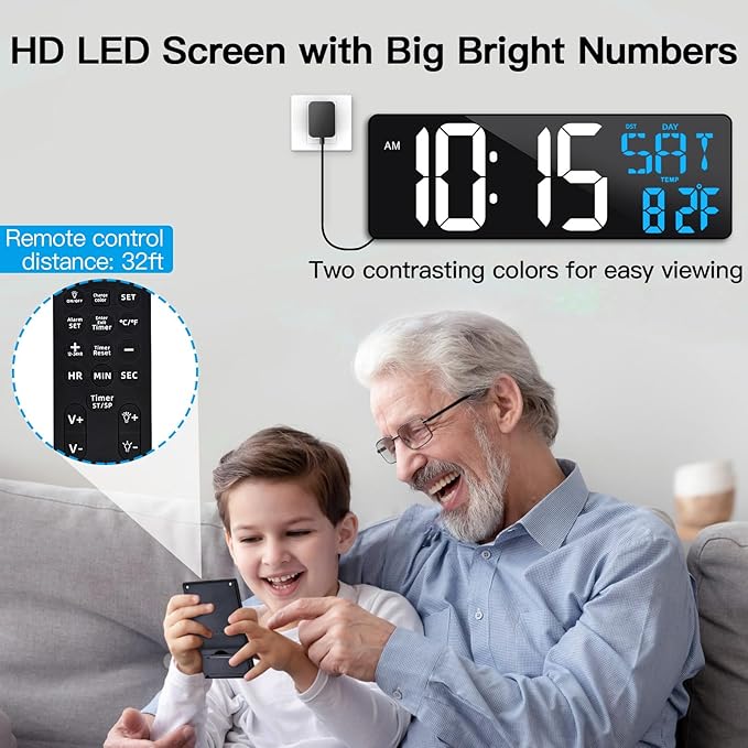 17 Inch Large Digital Wall Clock with Remote Control, Automatic Brightness Dimmer Digital Wall Clock Large Display with Day/Date/Temperature, Snooze, Count Up & Down Timer for Living Room, Office, Gym