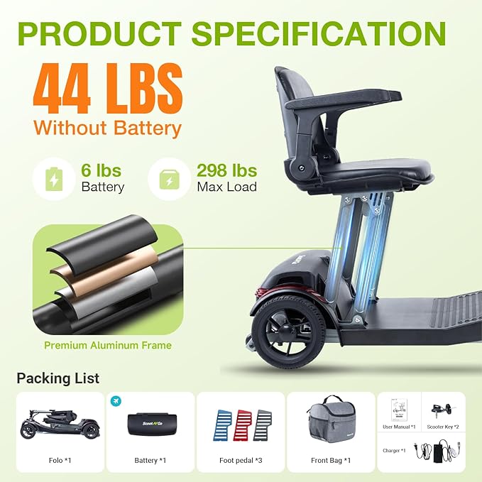 SCOOTNGO Mobility Scooters for Seniors & Adults Foldable 4 Wheels Powered Scooter Airline Approved 44Lbs Removable Battery Portable for Travel USB Charger Port