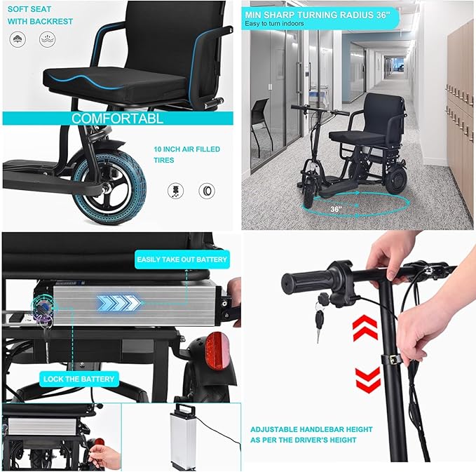 3-Wheel Foldable Mobility Scooter for Adults and Seniors, 300 lbs Capacity, Long-Range Lithium Battery, Lightweight with Basket, Attached Airline Battery