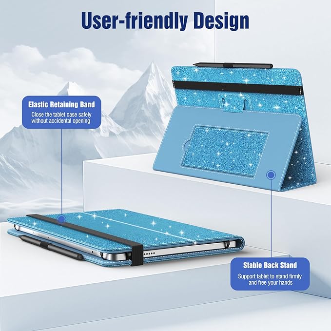 TiMOVO Universal Case for 10.1 Inch Android Tablet with Pen Loop, Lightweight Folding Stand Cover with Hand Strap for All 9.6"-11" Touchscreen Tablet, Glitter Sky Blue
