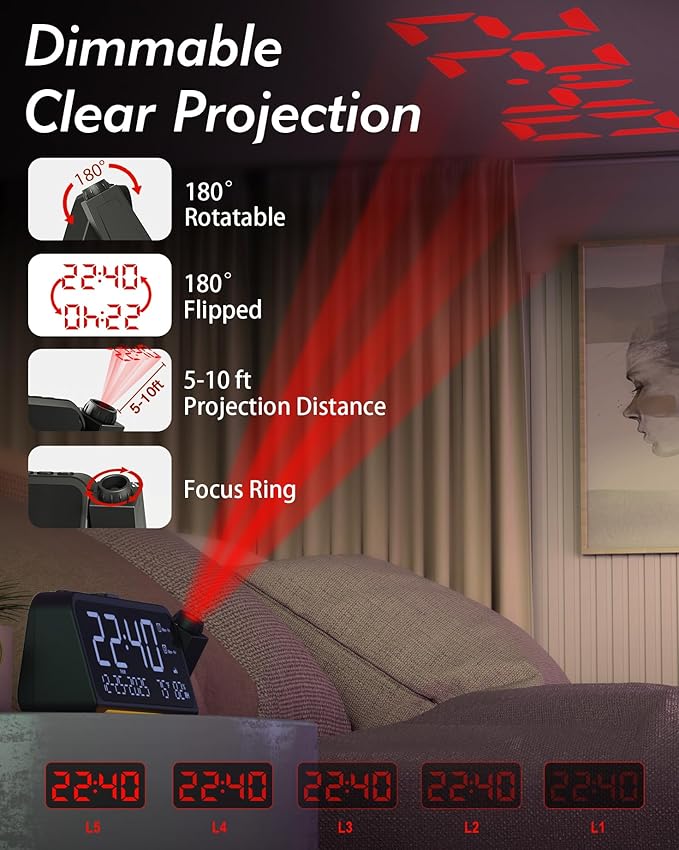 Roxicosly Projection Alarm Clock for Bedroom Ceiling, 118 dB Super Loud for Heavy Sleepers, Plug in Dual Alarm with Weekday/Weekend, 6.7" Large Digital Dimmable Display, Easy to Read