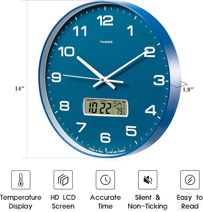 TIMESS Wall Clock, 14" Large Dial Non-Ticking Silent Battery Operated Analog with LCD Display for Perpetual Calendar and F° Temperature, Ideal Modern Home, Bedroom, Kitchen, Office Decor (Blue)