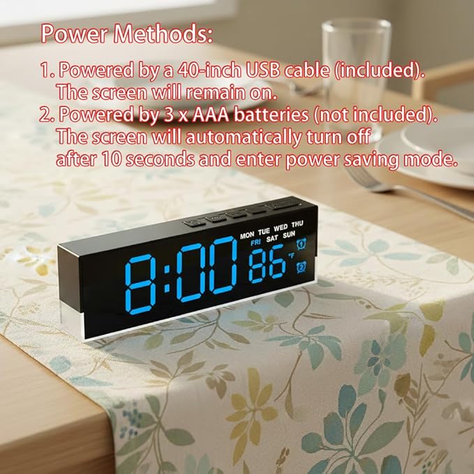 45MinST 7-Inch LED Digital Alarm Clock with Bottom Glow Light｜Displays Time, Date, Day, Temperature｜Dual Alarms, DST, Auto/Manual 3-Level Brightness, Battery or USB Powered Desk Clock,Blue