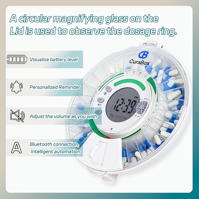 Bluetooth Automatic Pill Dispenser with App, Alarm, Light Alerts, 28-Day Medication Organizer for Seniors & Caregivers with Tracks Adherence History, Clear LCD, Key Lock, for Vitamins Prescriptions