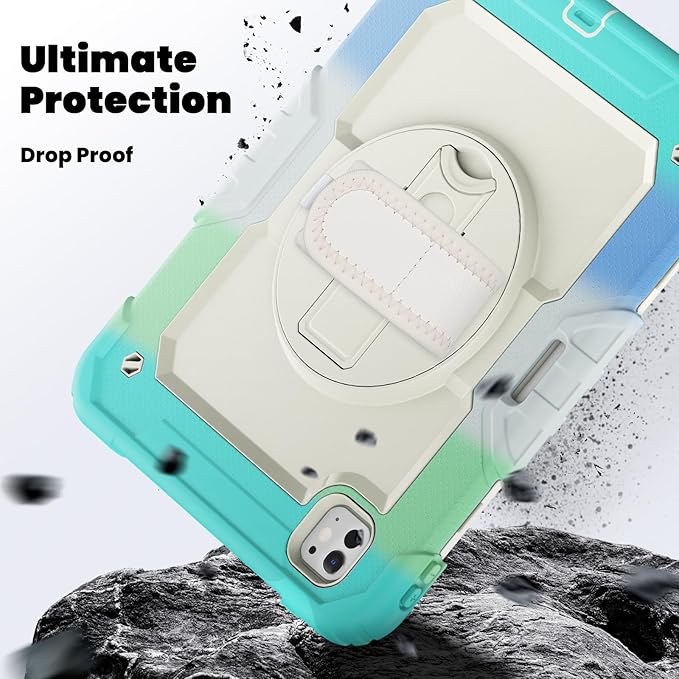 Dteck for iPad Pro 11 inch (M4/M5) 2024/2025 Shockproof Case with Screen Protector/Stylus Pencil Holder/Rotating Kickstand/Grip Hand Strap, Heavy Duty Protective Rugged Tablet Cover, Colorful Mint