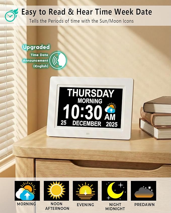 27 Alarms Digital Clock with Voice-Talking Time, Auto DST, 20 Custom Reminders, 10-Level Night Dimmer, Sleep Trainer, Day Date Week Calendar Clock for Seniors Dementia Alzheimers- 7 Inch with Remote