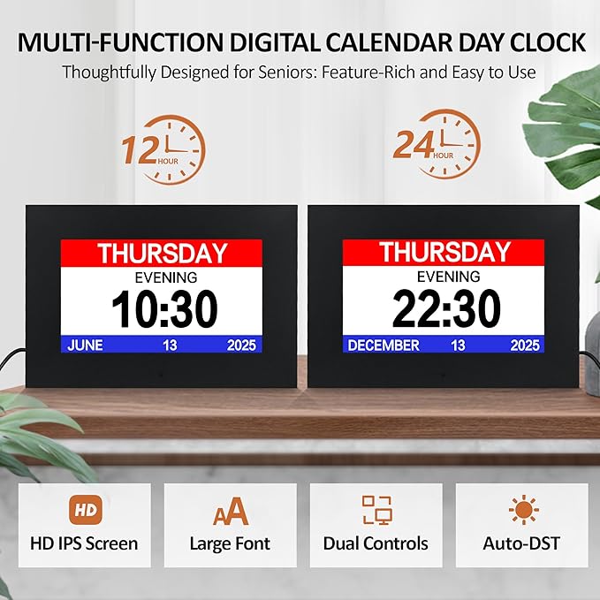 7" Digital Alarm Clock for Seniors, Dementia Clock with Day and Date for Elderly, Digital Calendar Day Clock with 20 Reminders & 20 Alarms, Auto-DST