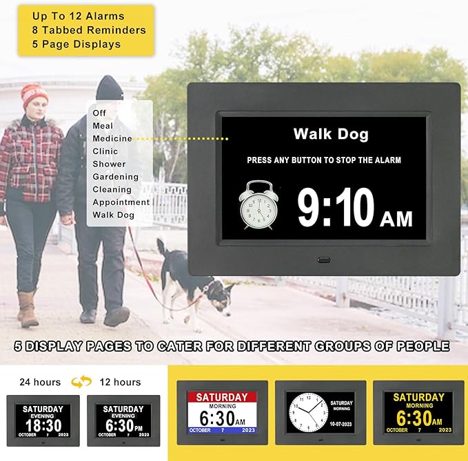 SSINI Dementia Clock for Seniors Digital Clock Large Display with Day & Date-12Alarms 3 Colors Display for Elderly with Memory Loss, Alzheimer's, Vision Impaired (7'' Black)