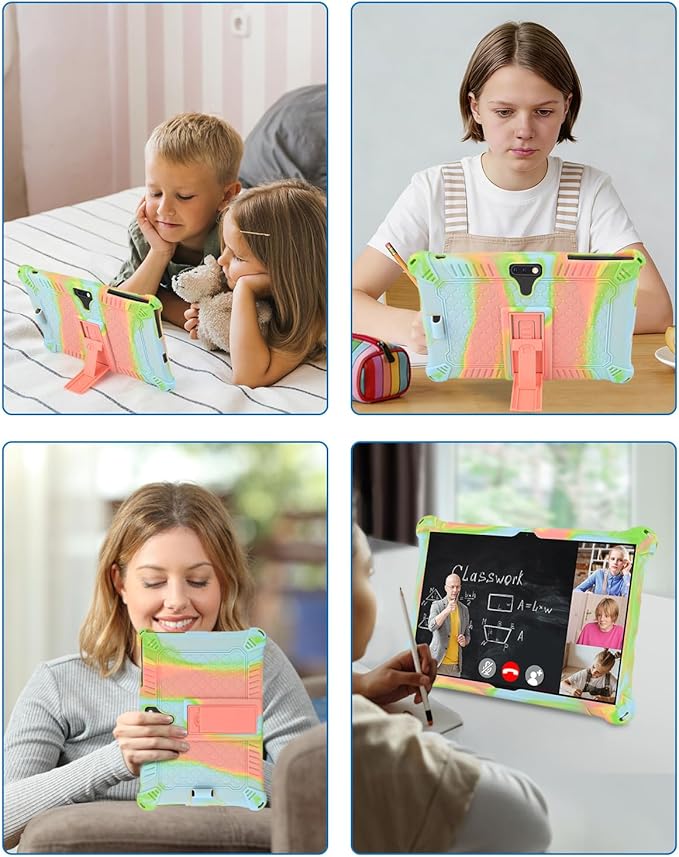 DETUOSI Feonal 10 inch Silicone Case with Shoulder Strap & Stylus Pen, Multi-Angle Stand Tablet Case, Soft Lightweight Cover for Winsing MTK 10 inch Tablet, ANTEMPER Touch, Orange Pink & Blue