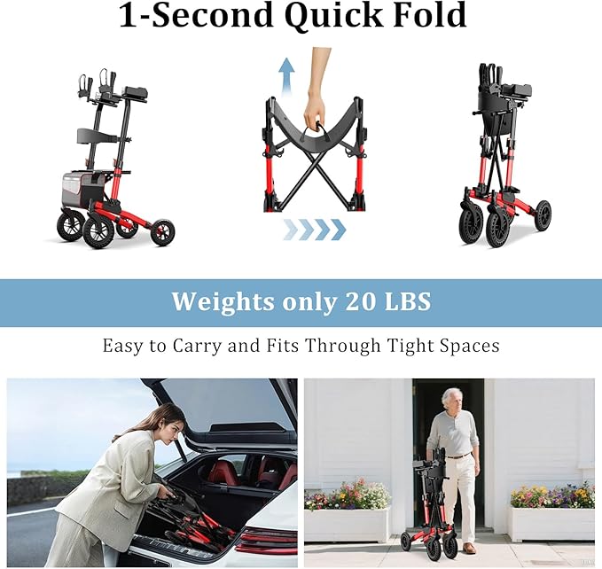 Nihhcune Upright Shopping Cart for Seniors & Adults, All-Terrain Rolling Cart with Padded Seat & Backrest, Heavy Duty Compact Folding Utility Cart with Big Wheels and Adjustable Handle, 300lb Capacity