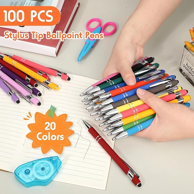 Yeaqee 100 Pieces Ballpoint Pen with Stylus Tip Click, 2 in 1 Black Ink, 1.0 mm Medium Point Stylus Metal Pen for Touch Screen Tablet (Assorted Colors)