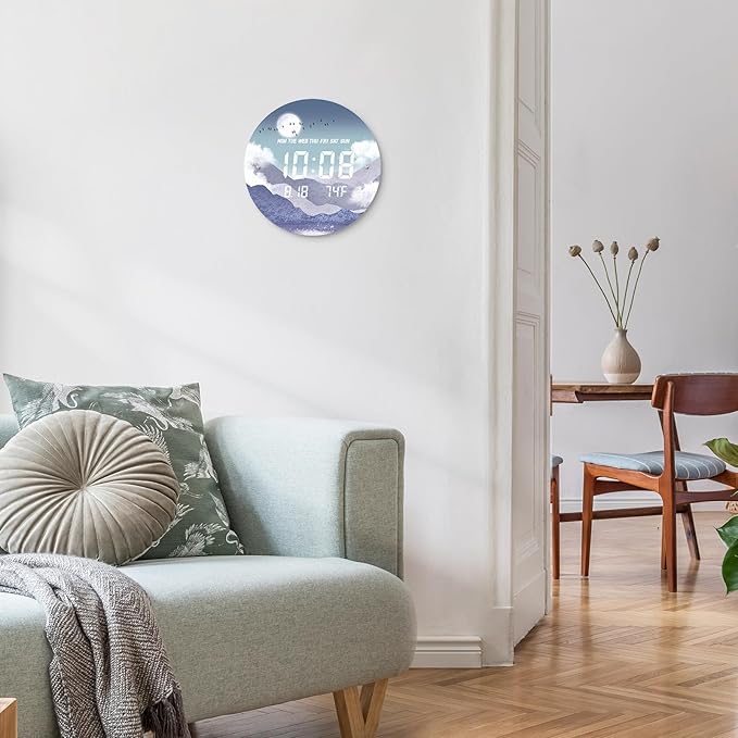 12'' Smart LED Wall Clock, Moonlight Cloudscape Art, Radar & Voice Activated, 7 Level Brightness Auto Dimming, Large Display with Temp Date Day, 12/24H, Rechargeable for Bedroom Living Room