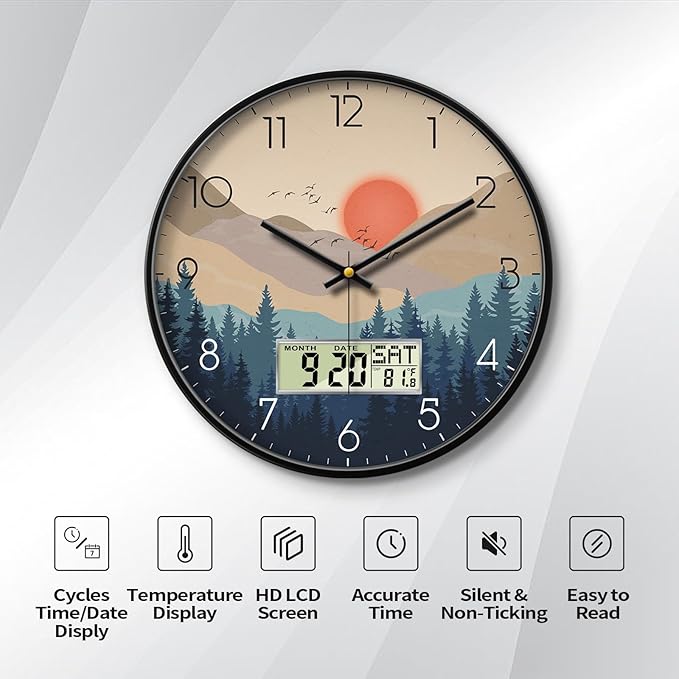 12" Silent Non-Ticking Wall Clock, Mid-Century Modern Wilderness Sunset, Battery Operated Analog with LCD Date Day Temp Display, for Living Room Home Office Bedroom Garage Farmhouse Decor