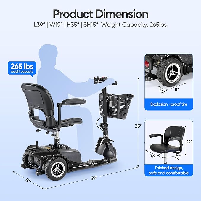3 Wheel Mobility Scooters for Adults，Collapsible Electric Powered Wheelchair，Portable Compact Motorized Scooter for Travel，Long Range Power，Battery with Charger，Basket and Cup Holder (Black)