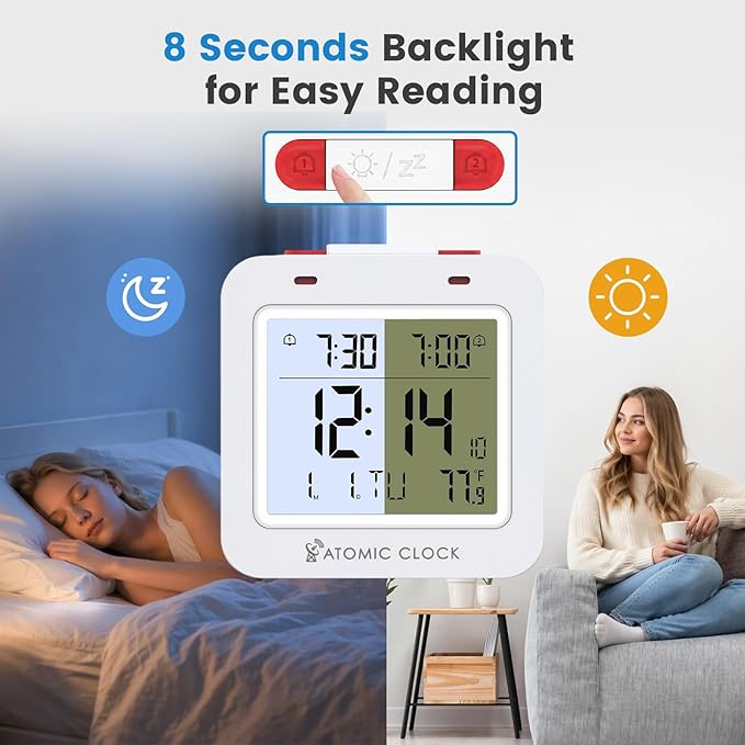 Small Digital Atomic Alarm Clock for Bedroom, 3.15 Inch Portable Travel Clock with Dual Alarms and Snooze, Indoor Temperature, 8s Backlight, Battery Included, White