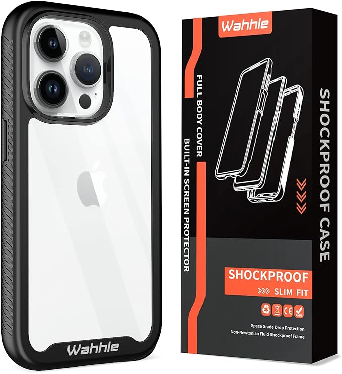 wahhle Compatible with iPhone 14 Pro Case, Full-Body Protection Phone Cover with Screen Protector Built-in, Touch Sensitive, Anti Scratch Shockproof TPU Bumper Case for 14 Pro 6.1 Inches-Black/Clear