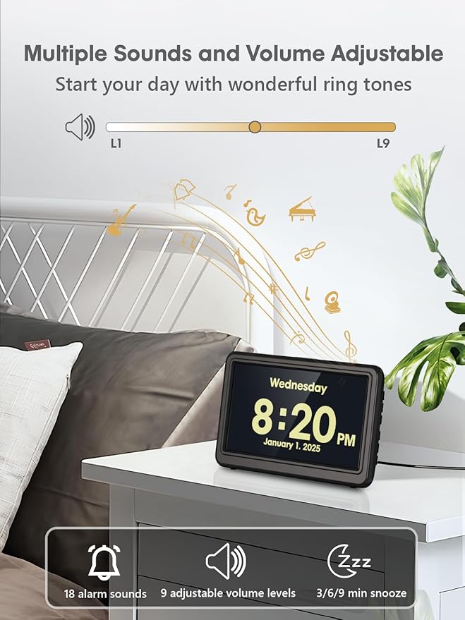 ROCAM Dementia Clock for Seniors, Large Display Digital Calendar Day Clock, 12 Themes 20 Custom Alarms & Reminders with 18 Ringtones, Automatic Dimmer, Medication Alarm Clock for Alzheimers/Elderly