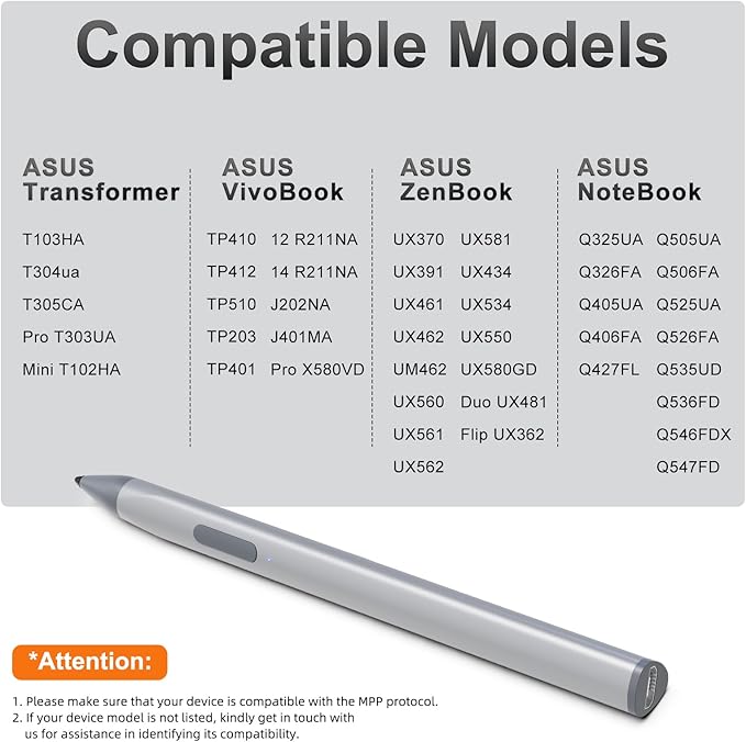 Stylus Pen for ASUS Transformer/Mini/ASUS Zenbook Flip/Pro/ASUS Vivobook Flip/Pro/Duo/ASUS Notebook, Rechargeable MPP 2.0 Tilt Pen with 4096 Pressure Sensitivity, Triangular Pen Body Design, Silver
