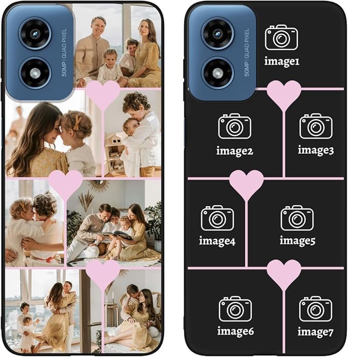 Personalized Photo Case for Motorola Moto G Play 2024 6.5 inch, Thin Slim Soft Rubber Black Phone Cover, Custom Picture Collage Pink Heart Cute Case for Women Girl, Gift for Birthday Anniversary