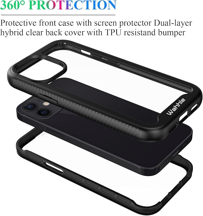 wahhle Compatible with iPhone 12 Mini Case, Built in Screen Protector Full Body Shockproof Slim Fit Bumper Protective Phone Cover 5.4'' Men Women-Black/Clear