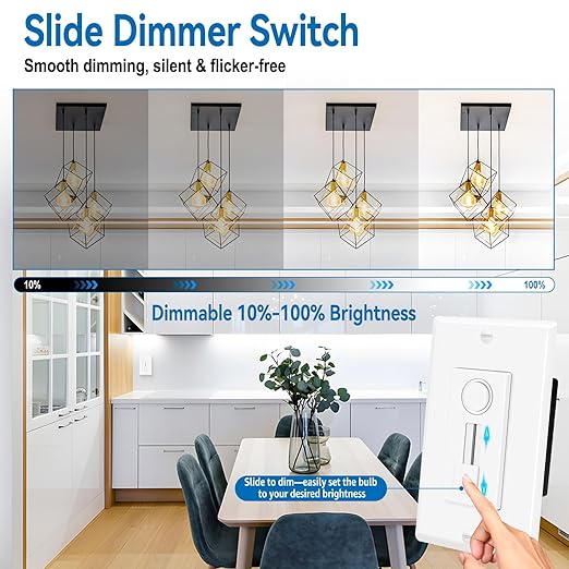 1 Pack Single Pole LED Dimmer Switch - No Neutral Wire Required, Slide Light Dimmer Switch for 150W Max LED/CFL, 600W Max Incandescent/Halogen, ETL Listed, White