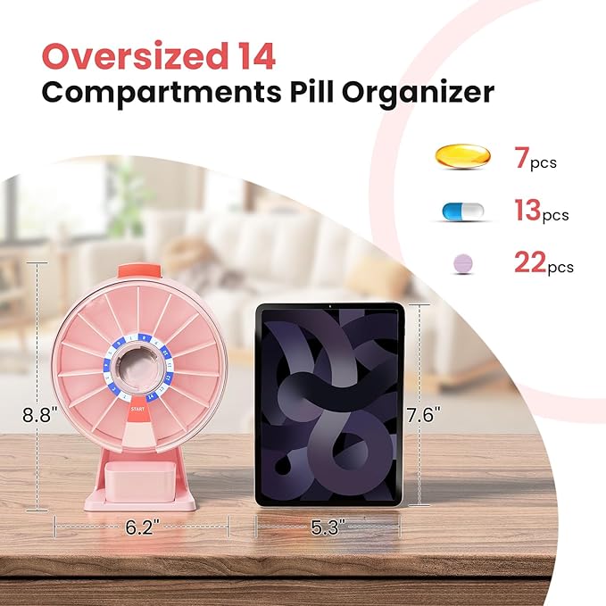 Odaro Large Pill Dispenser Weekly 7-Day AM/PM Wall-Mount or Standing Pink