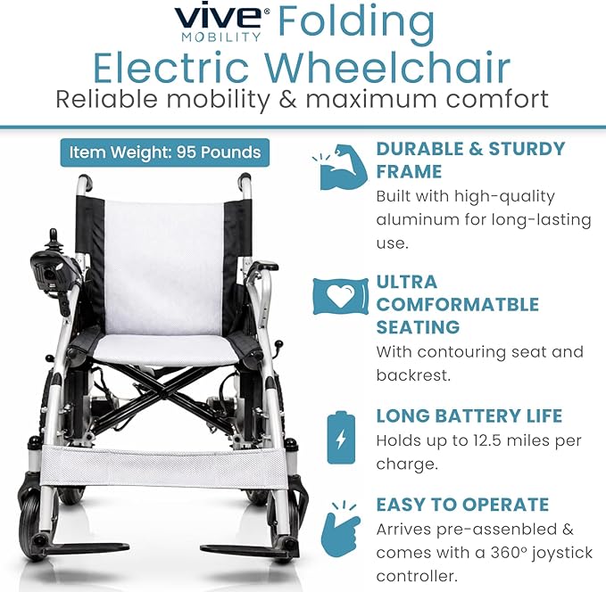 Vive Folding Electric Wheelchair - Foldable Wheel Chair, Narrow Power Scooter, Heavy Duty, TSA Approved - Compact Size for Seniors Adults - Battery Portable, Folds, Shock-Absorbing (16 x 30 x 28.5)