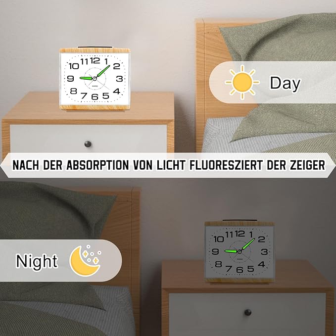 DTKID Large Alarm Clock for Bedside, Silent Non-Ticking Analog Clock with Night Light, Battery Powered, Gradually Increasing Alarm for Heavy Sleepers, Seniors
