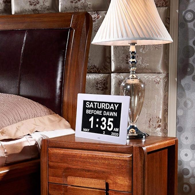 Yescom 8" Large Digital LCD Day Clock 8 Alarm Options Dimmable Calendar for Elderly Dementia Home Wall Table White