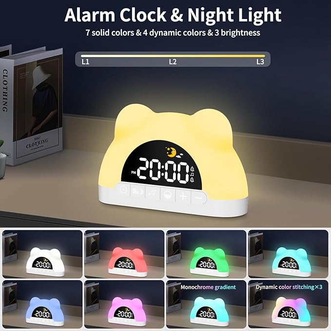 Wake Up Light Alarm Clock for Kids, Toddler Sleep Training Clock with RGB Night Light, Sound Machine, Dual Alarms, Birthday Gift for Girls Kids, Toddler Clock Stay in Bed, Bedroom