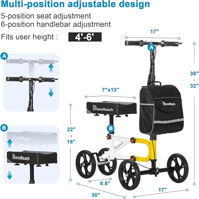 BlessReach Economy Knee Scooter Steerable Knee Walker for Foot Injuries Compact Crutch Alternative with Dual Braking System (Yellow)