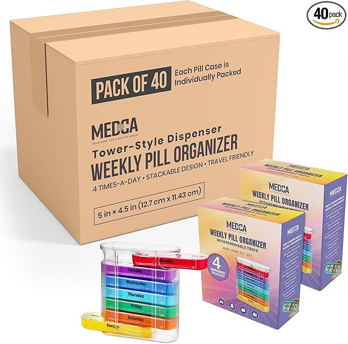 MEDca Weekly Pill Organizer, Four Times-a-Day, 1 Dispenser with Stackable AM/PM Compartments (Case of 40)