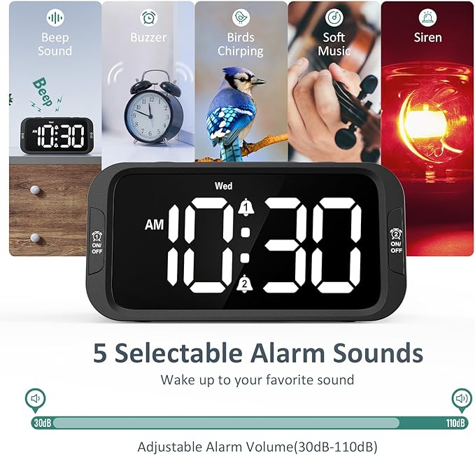 Odokee Digital Dual Alarm Clock for Bedroom, Easy to Set, 0-100% Dimmer, USB Charger, 5 Sounds Adjustable Volume, Weekday/Weekend Mode, Snooze, 12/24Hr, Battery Backup, Compact Clock for Bedside