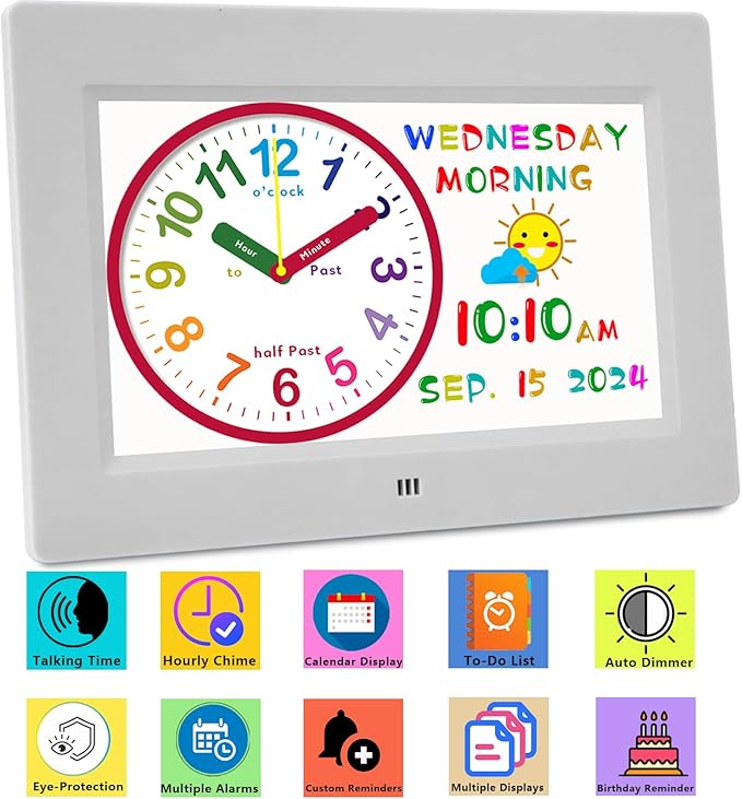 MASSII Digital Teaching Clock Talking Time, 24 Alarms Custom Reminders, Checklist to-Do List, Auto DST & Calendar Display, Sleep Trainer, Easy to Use for Kids Birthday Gift- White with Remote
