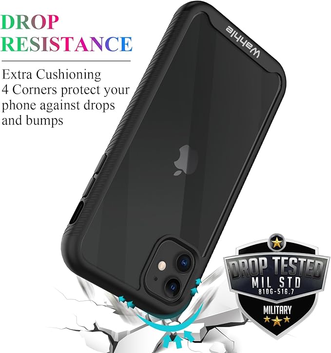 wahhle Compatible with iPhone 11 Case, Built in Screen Protector Full Body Shockproof Slim Fit Bumper Protective Phone Cover 6.1'' Men Women-Black/Clear