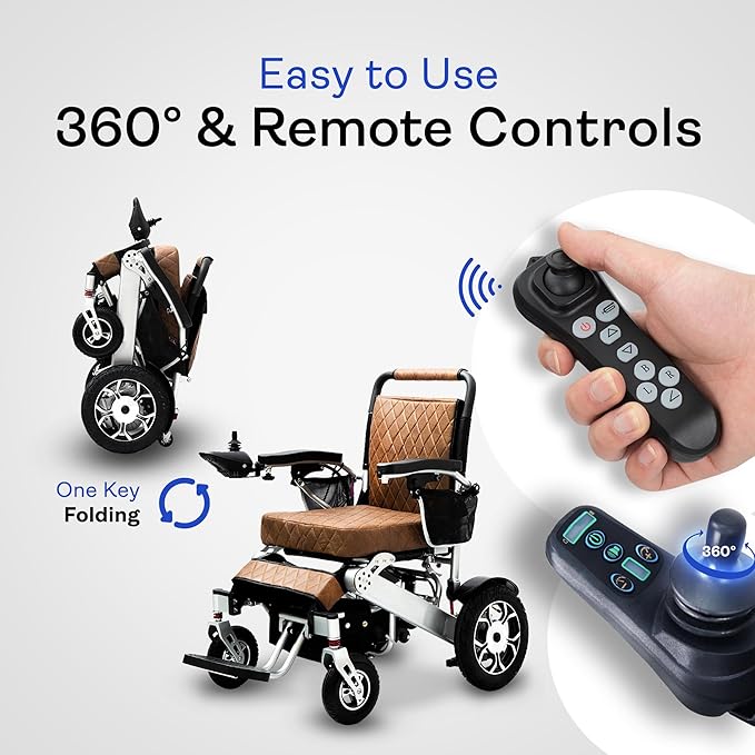 Alton Wolf Brown Leather Lightweight Foldable Electric Wheelchair, 2x250w Motor Electric Wheelchairs for Adults - Travel/user Friendly Electric Wheelchairs for Seniors, Long Range Motorized Wheelchair